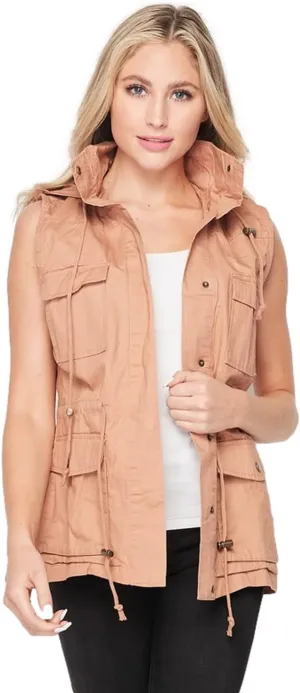 PacificPlex Womens Sleeveless Hooded Anorak Cotton Cargo Utility Safari Military Snap Fashion Vest w/Pockets