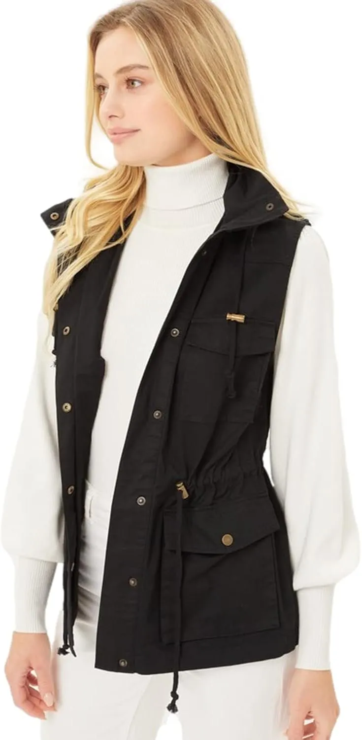 PacificPlex Womens Sleeveless Hooded Anorak Cotton Cargo Utility Safari Military Snap Fashion Vest w/Pockets