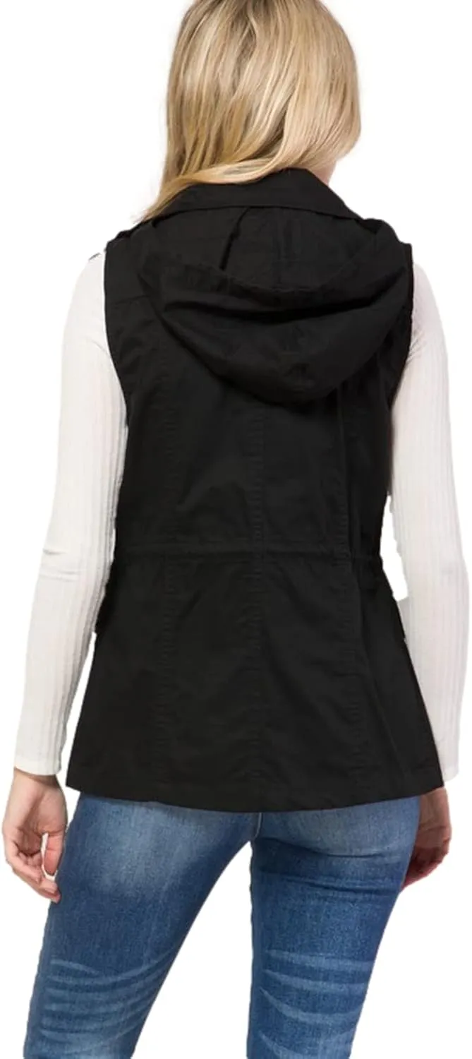 PacificPlex Womens Sleeveless Hooded Anorak Cotton Cargo Utility Safari Military Snap Fashion Vest w/Pockets