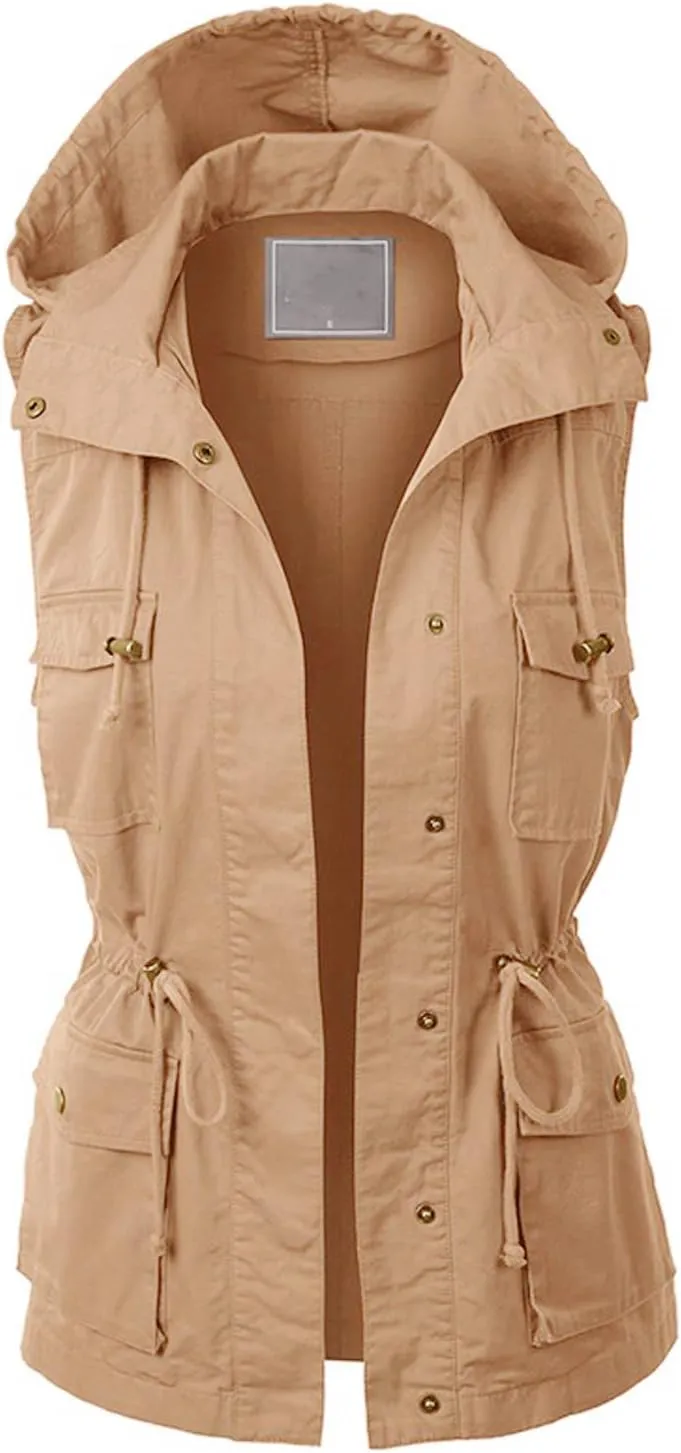PacificPlex Womens Sleeveless Hooded Anorak Cotton Cargo Utility Safari Military Snap Fashion Vest w/Pockets