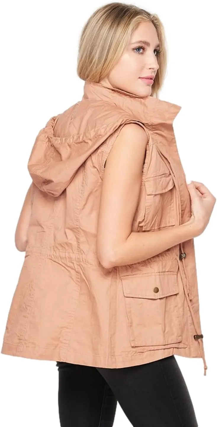 PacificPlex Womens Sleeveless Hooded Anorak Cotton Cargo Utility Safari Military Snap Fashion Vest w/Pockets