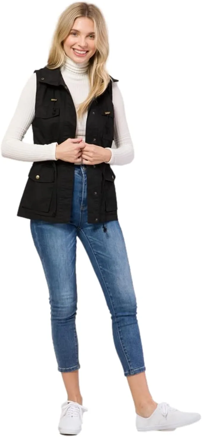 PacificPlex Womens Sleeveless Hooded Anorak Cotton Cargo Utility Safari Military Snap Fashion Vest w/Pockets