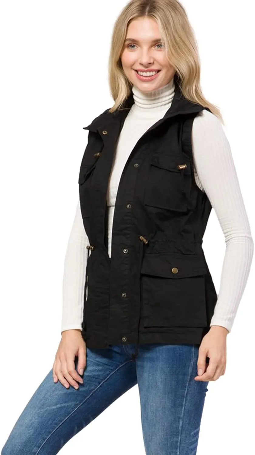 PacificPlex Womens Sleeveless Hooded Anorak Cotton Cargo Utility Safari Military Snap Fashion Vest w/Pockets