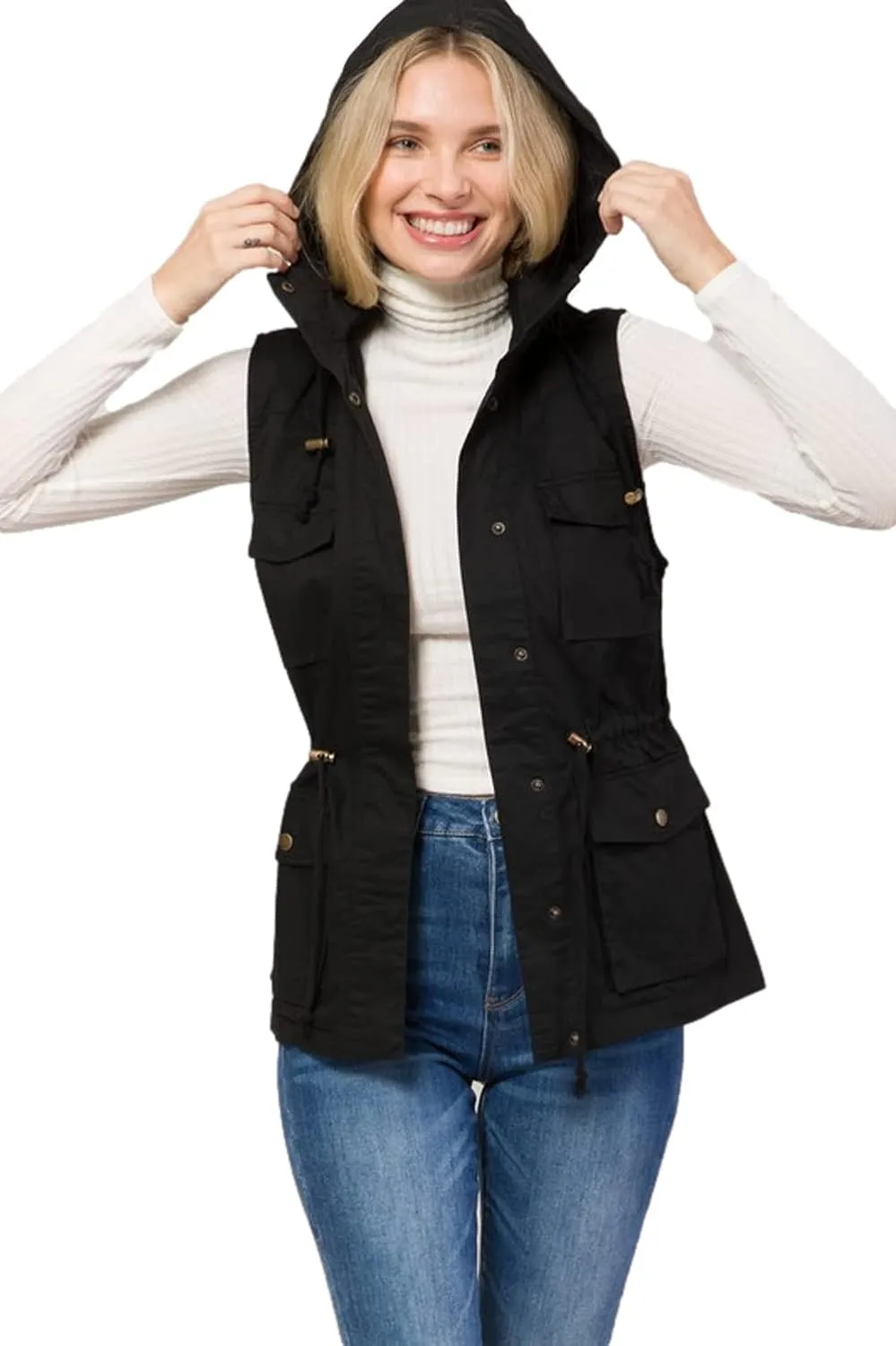 PacificPlex Womens Sleeveless Hooded Anorak Cotton Cargo Utility Safari Military Snap Fashion Vest w/Pockets