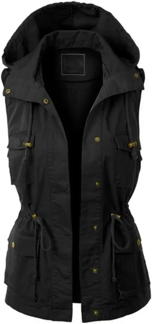 PacificPlex Womens Sleeveless Hooded Anorak Cotton Cargo Utility Safari Military Snap Fashion Vest w/Pockets