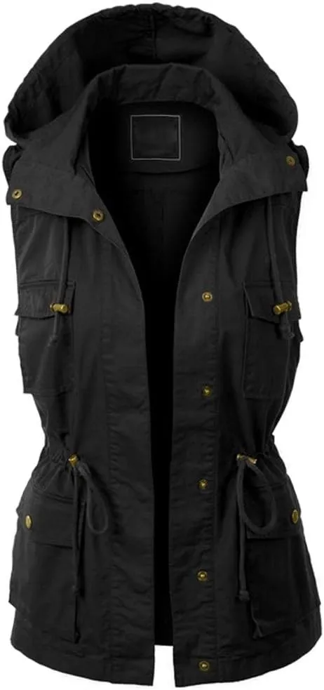 PacificPlex Womens Sleeveless Hooded Anorak Cotton Cargo Utility Safari Military Snap Fashion Vest w/Pockets