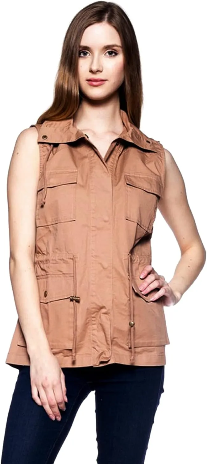 PacificPlex Womens Sleeveless Hooded Anorak Cotton Cargo Utility Safari Military Snap Fashion Vest w/Pockets