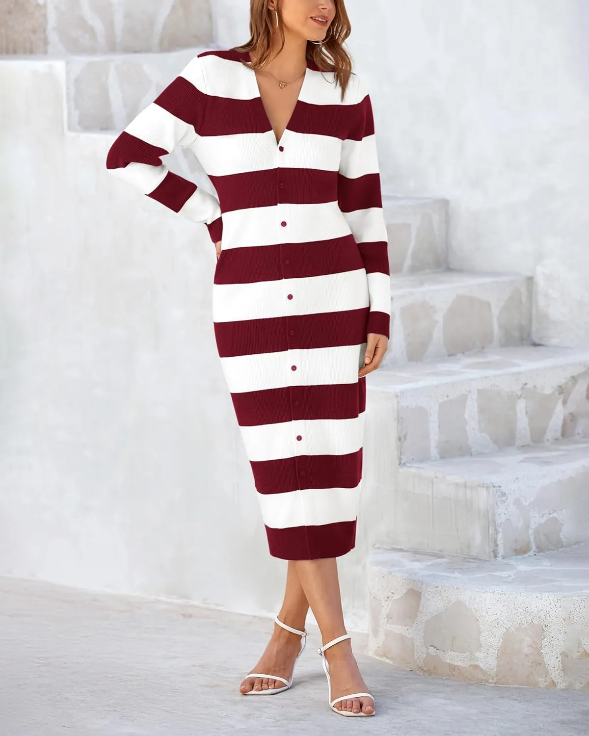 PRETTYGARDEN Women's Dresses 2025 Fall Long Sleeve V Neck Button Down Ribbed Knit Stripes Bodycon Midi Sweater Dress