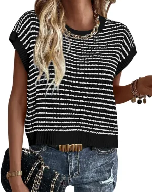 PRETTYGARDEN Womens Short Sleeve Sweater Spring Summer 2025 Round Neck Striped Pullover Cap Sleeve Knit Sweater Vest Tops