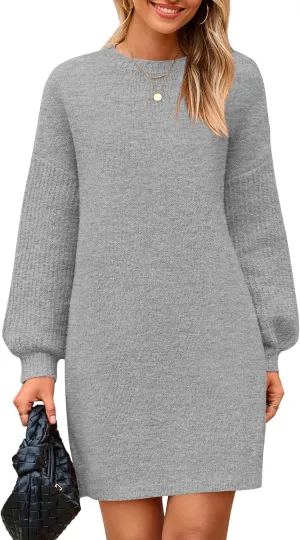PRETTYGARDEN Women's Winter Pullover Sweaters Long Lantern Sleeve Crewneck Chunky Knit Slouchy Oversized Sweater Dress