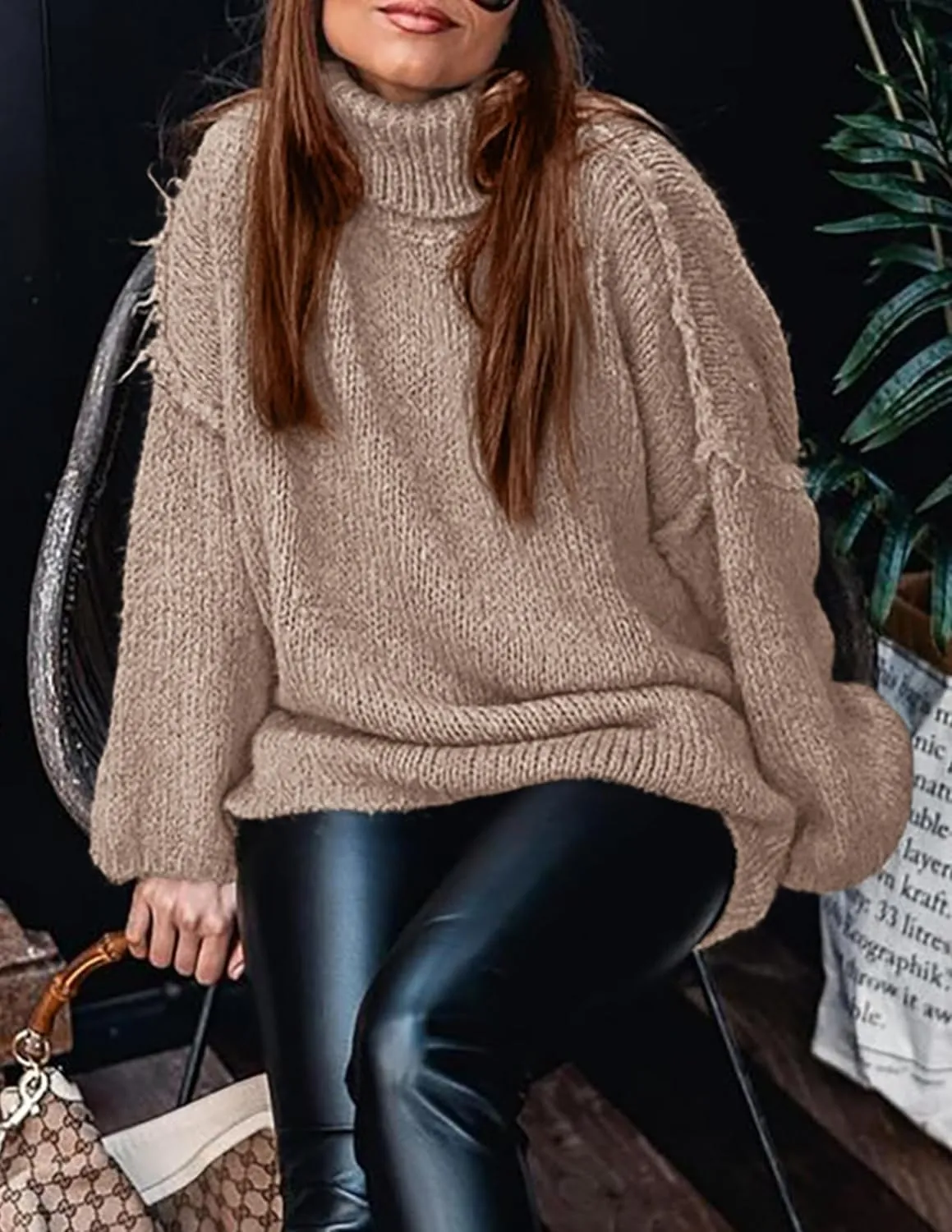 PRETTYGARDEN Women's Winter Turtleneck Oversized Sweaters Long Sleeve Chunky Knit Slouchy Pullover Sweater Tops