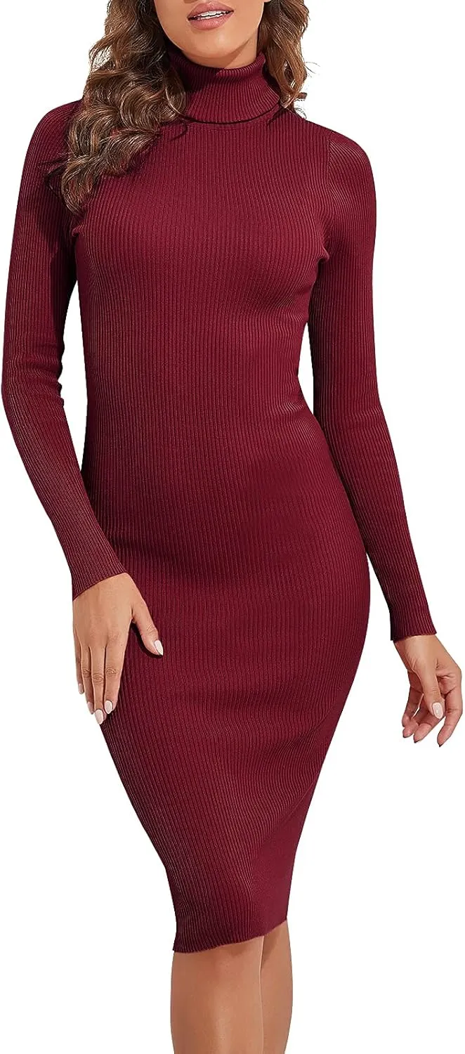 PrettyGuide Women's Turtleneck Sweater Dress Long Sleeve Ribbed Knit Stretch Midi Bodycon Dresses