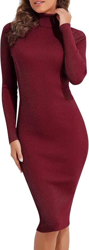 PrettyGuide Women's Turtleneck Sweater Dress Long Sleeve Ribbed Knit Stretch Midi Bodycon Dresses