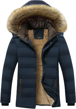 Puffer Jacket Men Fur Hood Winter Coat Zip up Padded Coat Warm Down Jacket Quilted Insulated Jacket Thermal Outwear