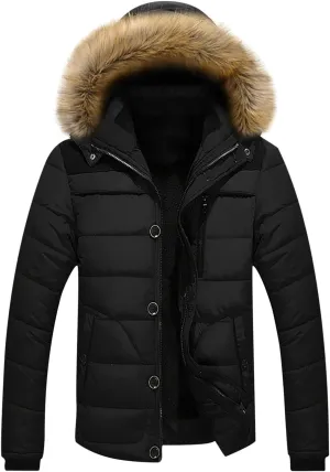 Puffer Jacket Men Fur Hood Winter Coat Zip up Padded Coat Warm Down Jacket Quilted Insulated Jacket Thermal Outwear