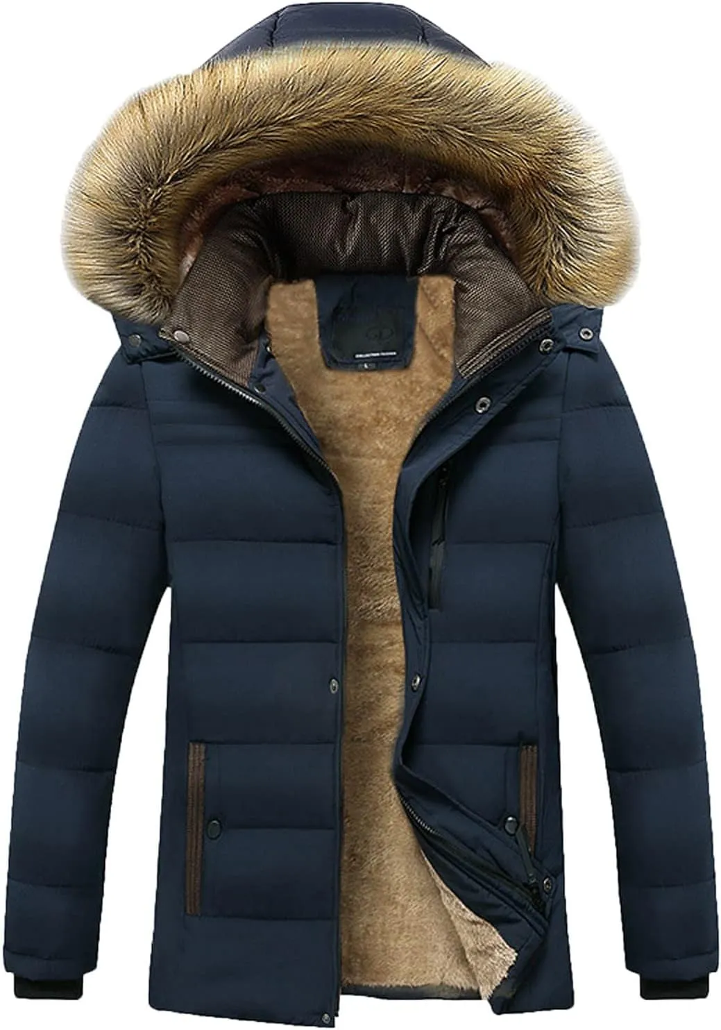 Puffer Jacket Men Fur Hood Winter Coat Zip up Padded Coat Warm Down Jacket Quilted Insulated Jacket Thermal Outwear
