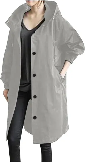 Raincoat Women Waterproof Hooded Trench Coat Button Down Long Rain Jackets Lightweight Outdoor Rain Coats Windbreaker