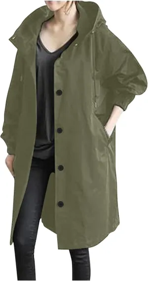 Raincoat Women Waterproof Hooded Trench Coat Button Down Long Rain Jackets Lightweight Outdoor Rain Coats Windbreaker