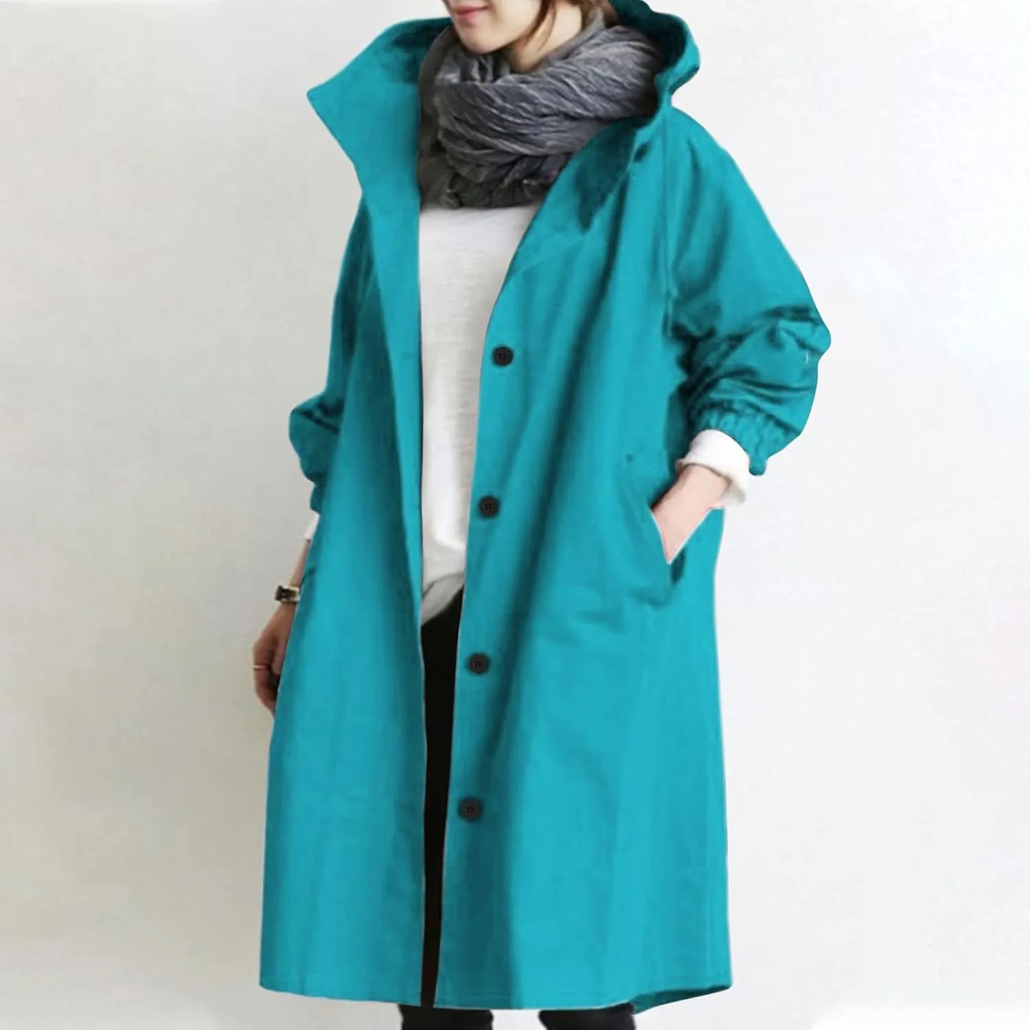 Raincoat Women Waterproof Hooded Trench Coat Button Down Long Rain Jackets Lightweight Outdoor Rain Coats Windbreaker
