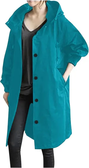 Raincoat Women Waterproof Hooded Trench Coat Button Down Long Rain Jackets Lightweight Outdoor Rain Coats Windbreaker