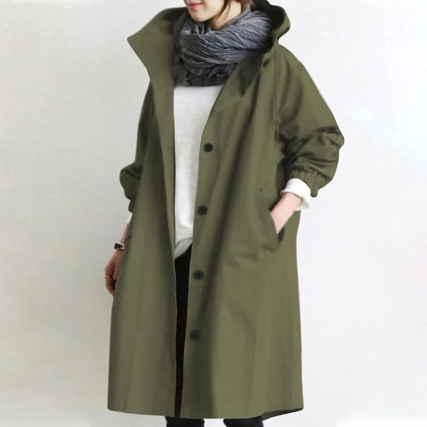 Raincoat Women Waterproof Hooded Trench Coat Button Down Long Rain Jackets Lightweight Outdoor Rain Coats Windbreaker