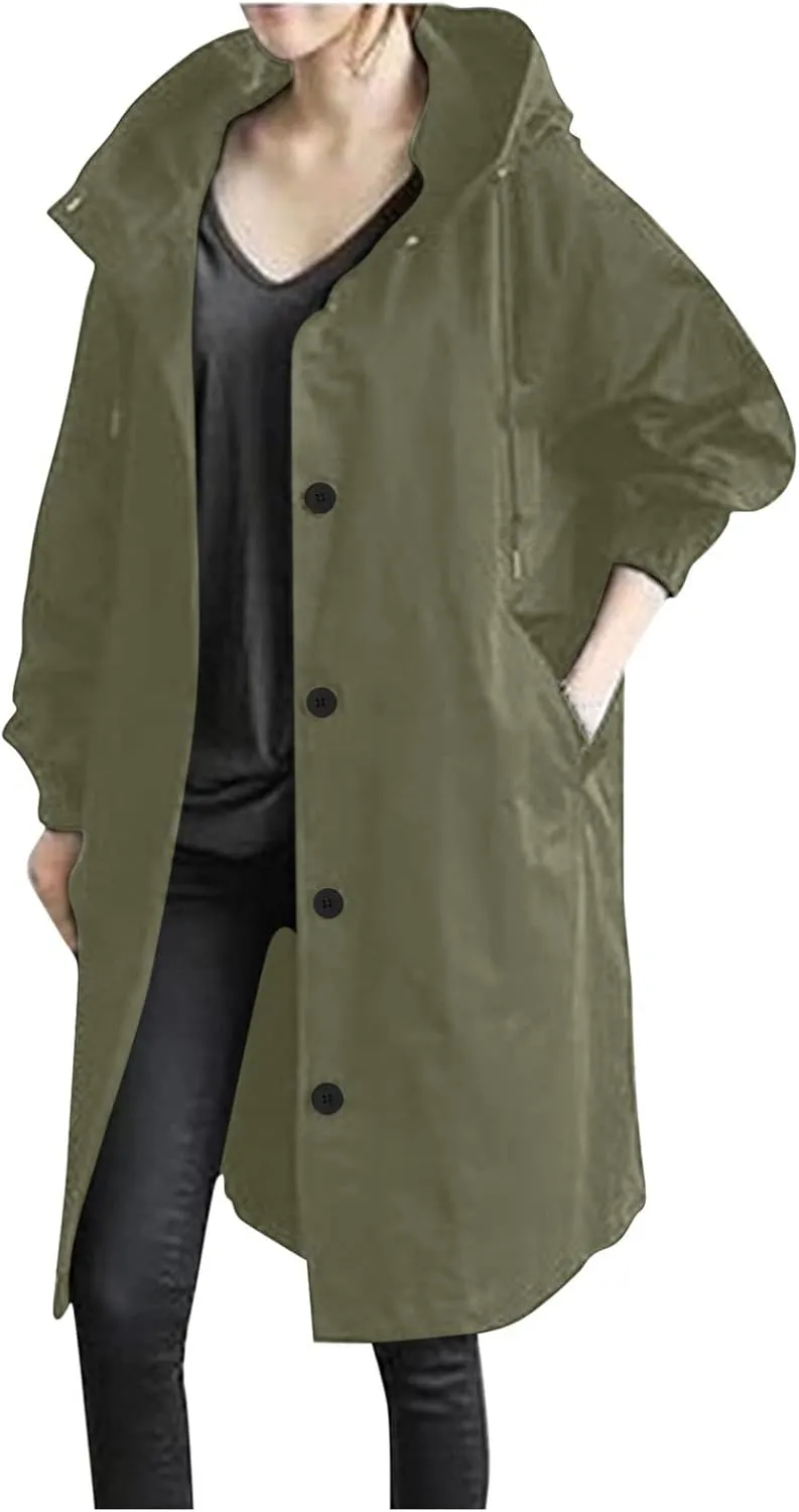Raincoat Women Waterproof Hooded Trench Coat Button Down Long Rain Jackets Lightweight Outdoor Rain Coats Windbreaker