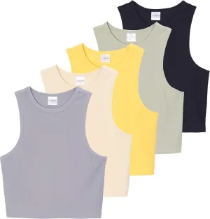 Real Essentials 5 Pack: Women's Ribbed Sleeveless Cropped Racerback Tank Top Casual Crop Top