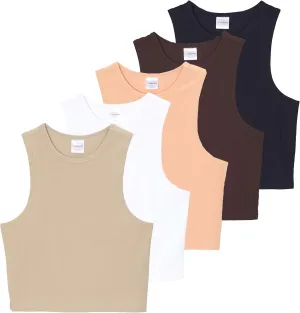 Real Essentials 5 Pack: Women's Ribbed Sleeveless Cropped Racerback Tank Top Casual Crop Top