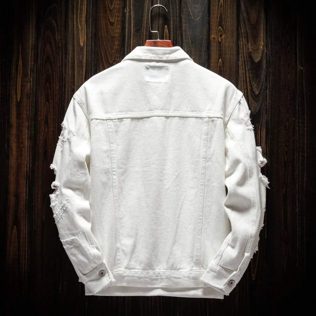 Ripped Denim Jacket for Men Hippie Style Winter Cardigan Top Fall Stylish Streetwear