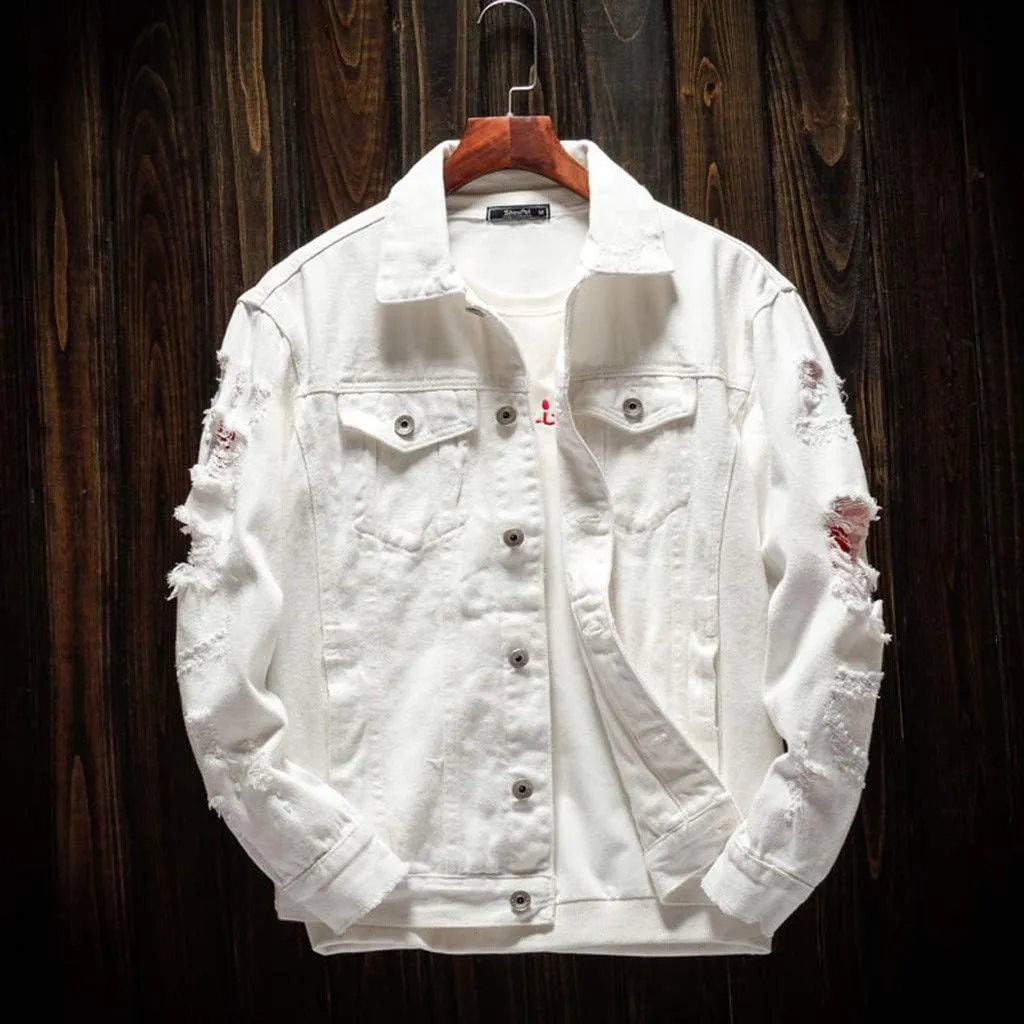 Ripped Denim Jacket for Men Hippie Style Winter Cardigan Top Fall Stylish Streetwear