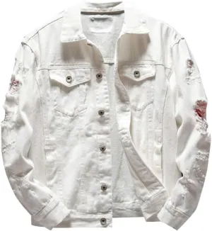 Ripped Denim Jacket for Men Hippie Style Winter Cardigan Top Fall Stylish Streetwear