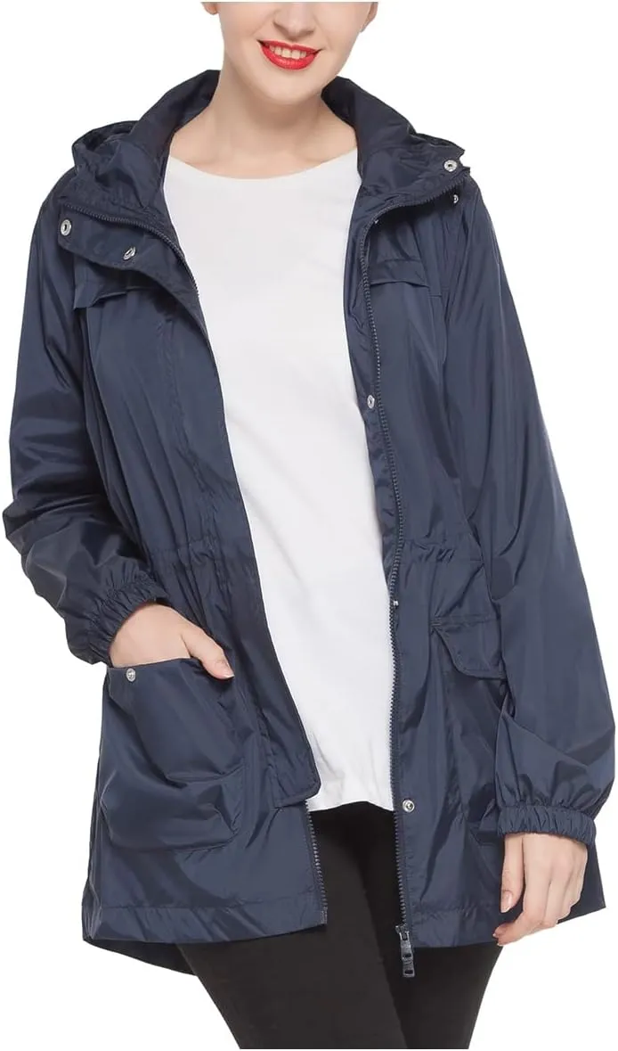 Rokka&Rolla Women's Lightweight Rain Jacket Hooded Anorak Windbreaker Long Trench Raincoat