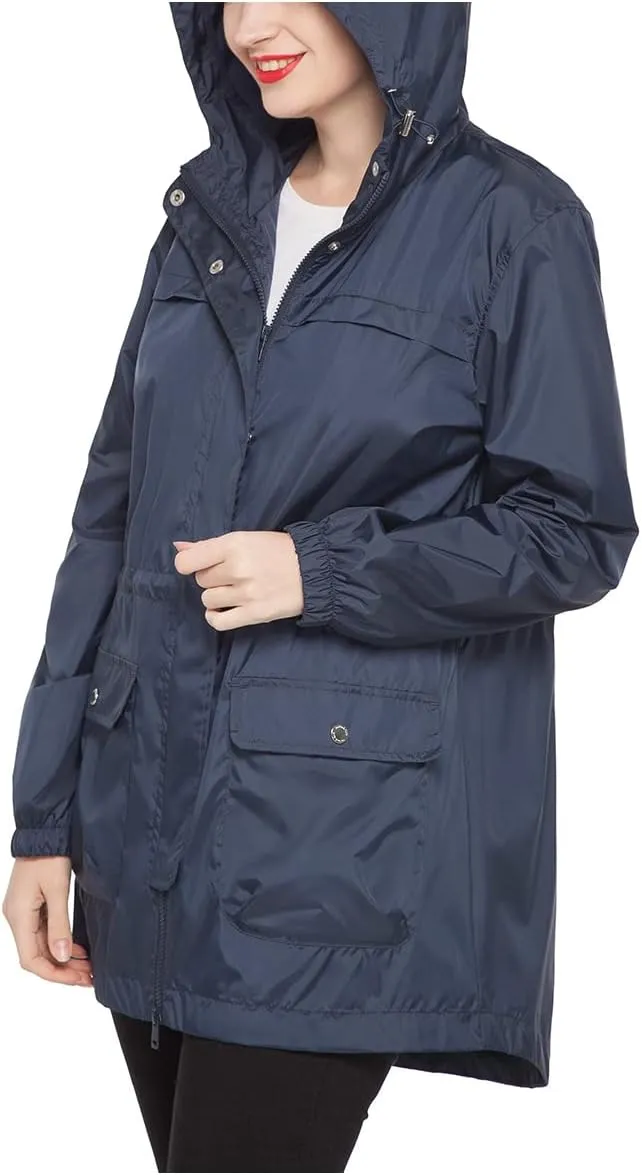 Rokka&Rolla Women's Lightweight Rain Jacket Hooded Anorak Windbreaker Long Trench Raincoat