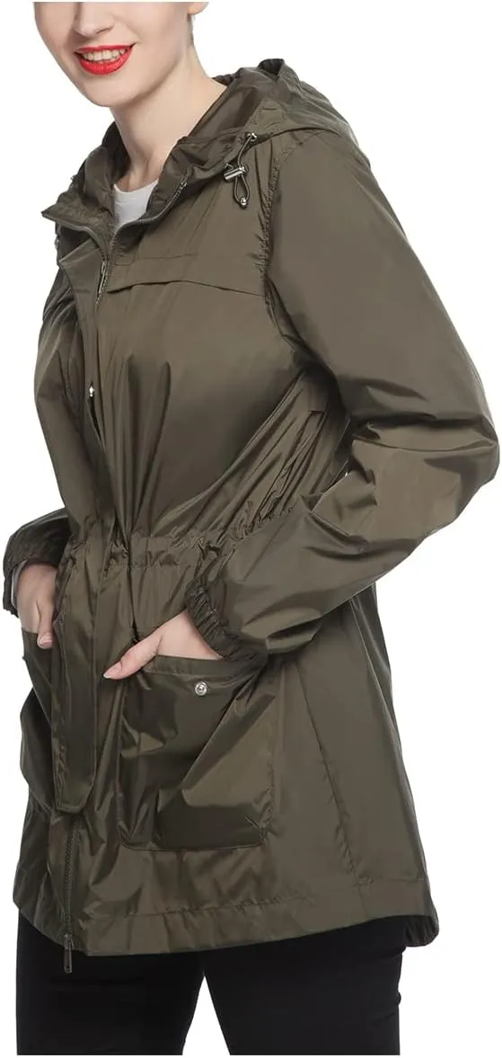 Rokka&Rolla Women's Lightweight Rain Jacket Hooded Anorak Windbreaker Long Trench Raincoat