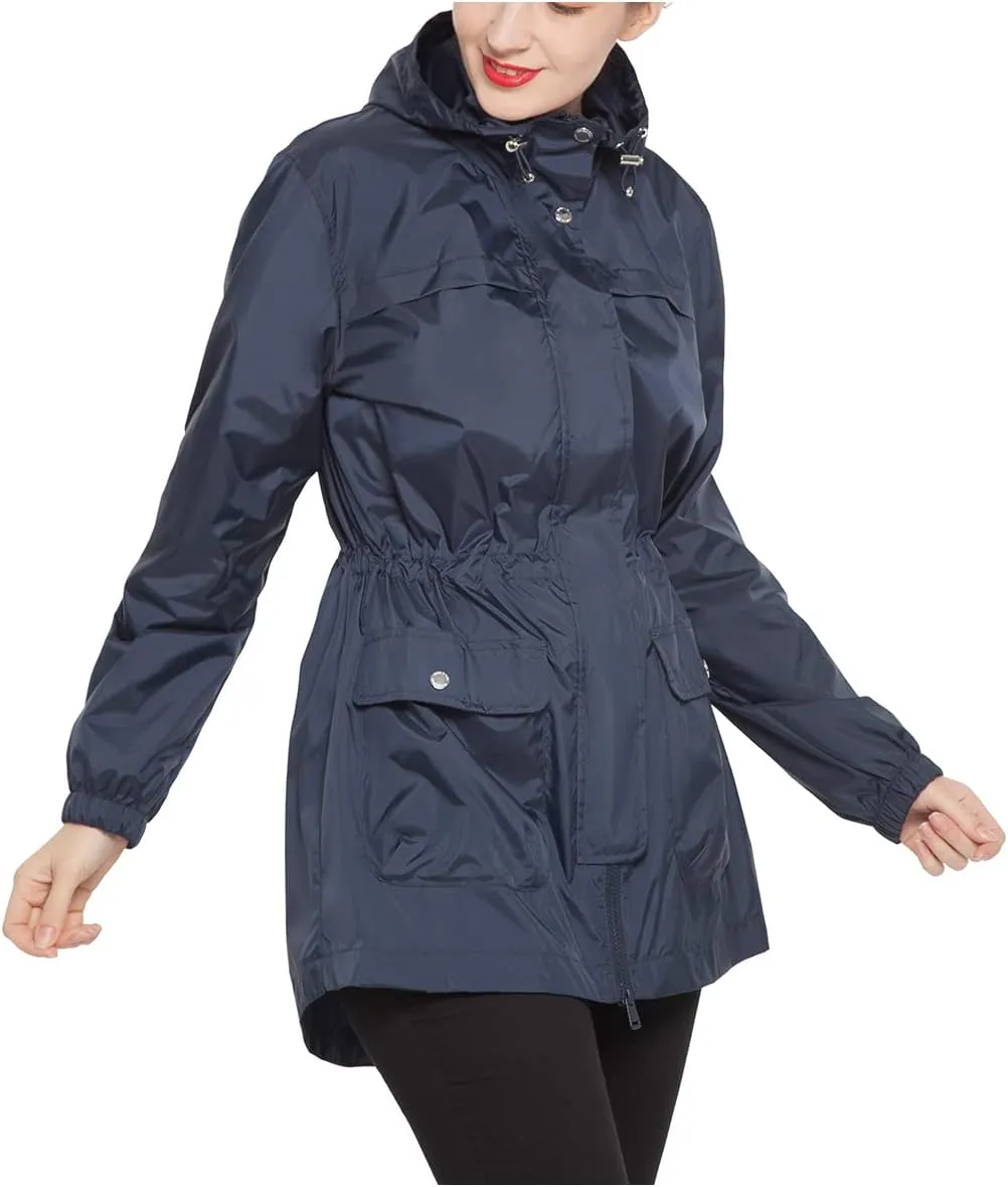 Rokka&Rolla Women's Lightweight Rain Jacket Hooded Anorak Windbreaker Long Trench Raincoat