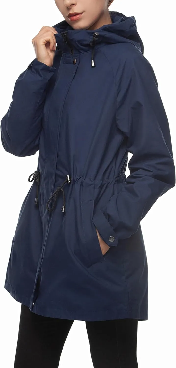 Rokka&Rolla Women's Water-Resistant Anorak Hooded Rain Jacket Trench Coat