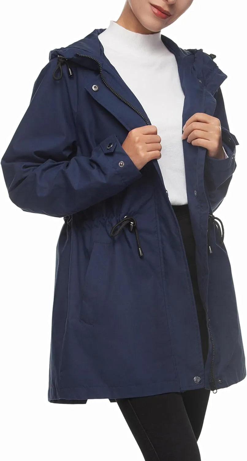 Rokka&Rolla Women's Water-Resistant Anorak Hooded Rain Jacket Trench Coat