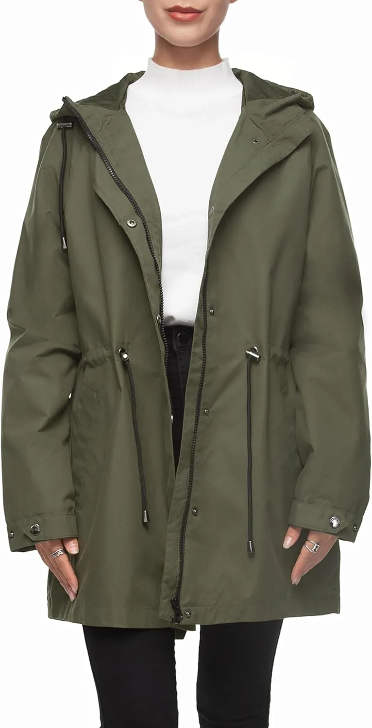 Rokka&Rolla Women's Water-Resistant Anorak Hooded Rain Jacket Trench Coat