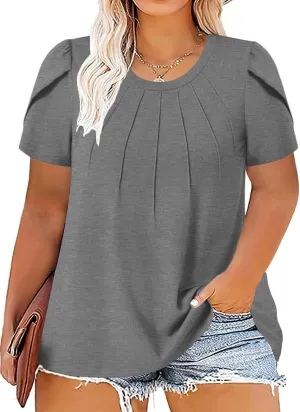 ROSRISS Plus Size Tops for Women Summer Casual T Shirts Crewneck Petal Short Sleeve Tunics