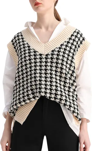 SAFRISIOR Oversized Houndstooth Knitted Vest Sweater Vintage V Neck Loose Sleeveless Sweater