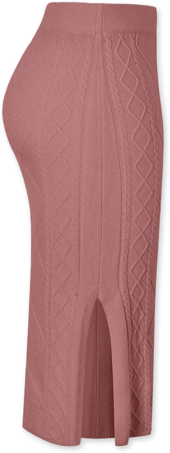 SANGTREE Women's Elastic High Waist Skirt Knit Stretchy Bodycon Midi Sweater Skirt
