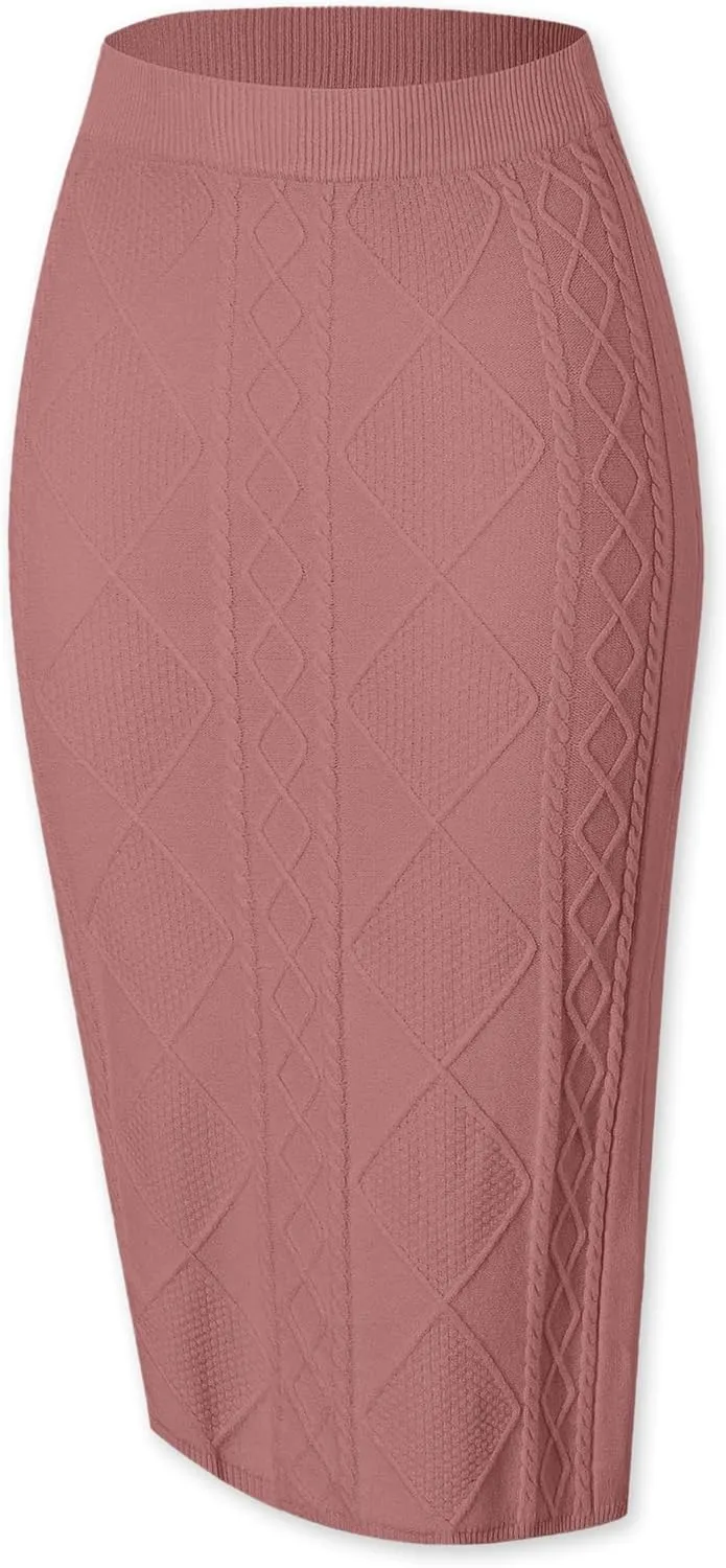 SANGTREE Women's Elastic High Waist Skirt Knit Stretchy Bodycon Midi Sweater Skirt