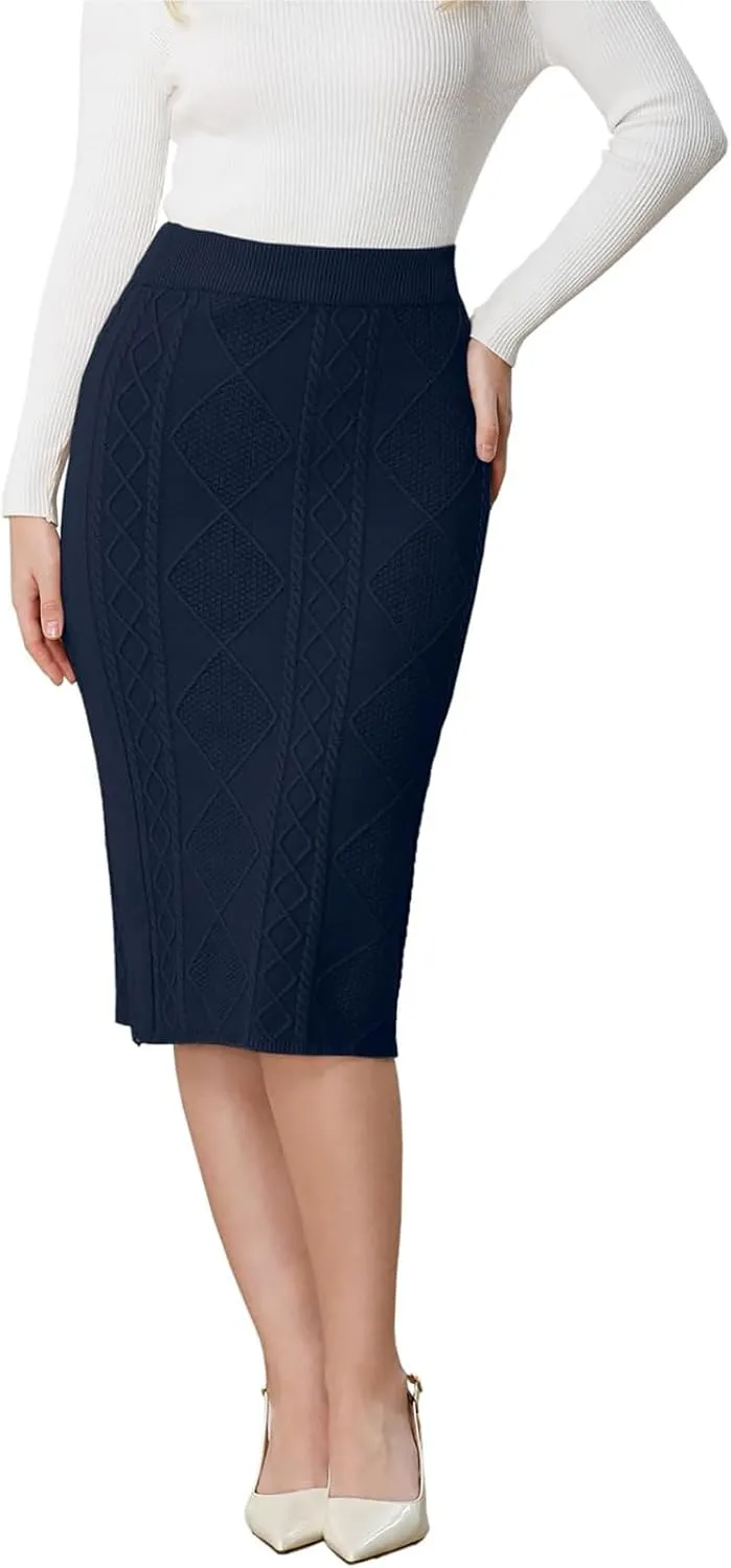 SANGTREE Women's Elastic High Waist Skirt Knit Stretchy Bodycon Midi Sweater Skirt