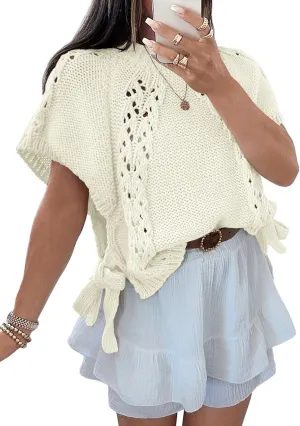 Saodimallsu Womens Summer Short Sleeve Sweater Side Tie Cropped Casual Crewneck Crochet Loose Knit Pullover Tops