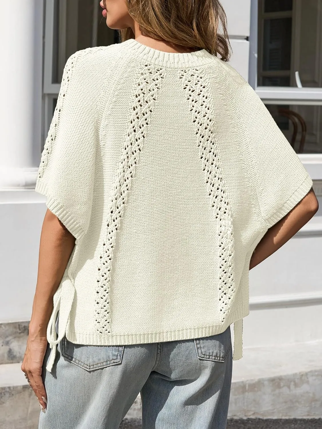 Saodimallsu Womens Summer Short Sleeve Sweater Side Tie Cropped Casual Crewneck Crochet Loose Knit Pullover Tops