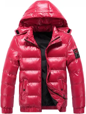 Saohuo Winter Puffer Jacket for Men Warm Thicken Shiny Zip Down Jackets with Detachable Hood Bubble Overcoat Outerwear