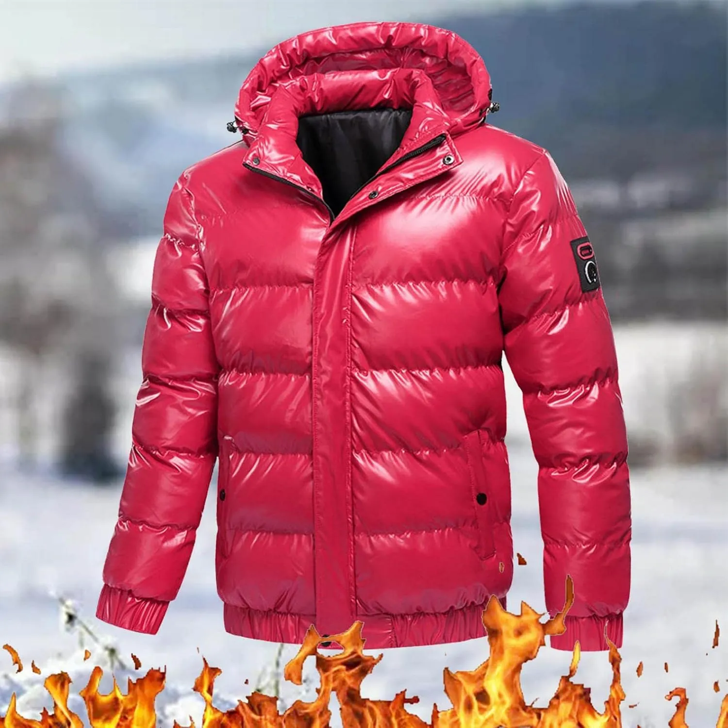 Saohuo Winter Puffer Jacket for Men Warm Thicken Shiny Zip Down Jackets with Detachable Hood Bubble Overcoat Outerwear