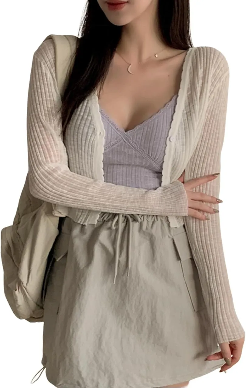 SHENHE Women's Cropped Cardigan Sweater Top Long Sleeve V Neck Button Down Cardigan Top