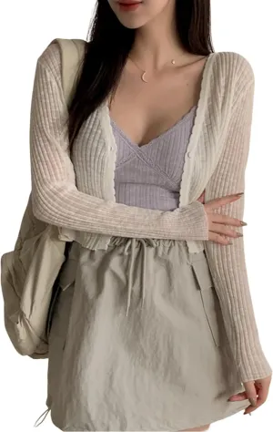 SHENHE Women's Cropped Cardigan Sweater Top Long Sleeve V Neck Button Down Cardigan Top