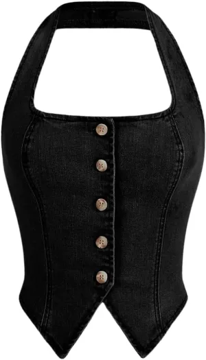 SHENHE Women's Denim Tops Y2K Halter Button Up Strapless Jean Vest Western Going Out Crop Top